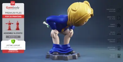 A cartoon character with blond hair, pants down, bending over on a gear-shaped base.