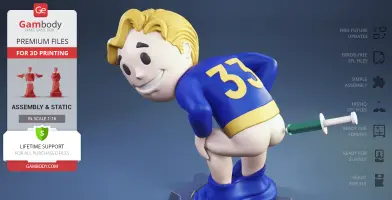Vault Boy model bending over playfully, syringe in his rear, numbered '33' on blue suit.