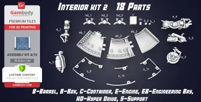 3D model kit of 18 parts for the Millennium Falcon interior, including barrels, engines, and support structures.