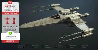 3D model of a T-65B X-Wing from Star Wars, ready for 3D printing, displayed on a dark background.