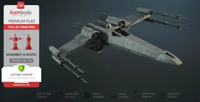 A 3D model of a T-65B X-Wing from Star Wars, featuring detailed wings and engines, ready for assembly.
