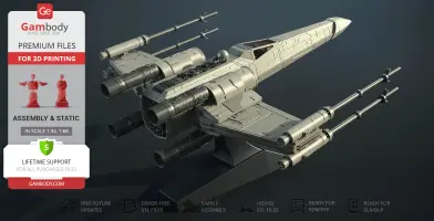 A detailed 3D model of a T-65B X-Wing starfighter from Star Wars, shown with 3D printing options.