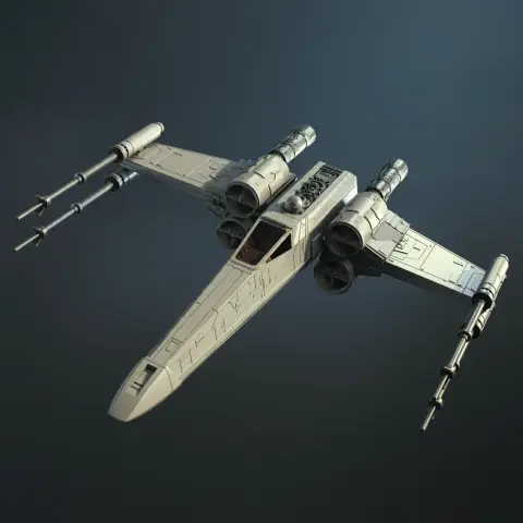 A detailed 3D model of a T-65B X-Wing spaceship displaying four wings and engines.