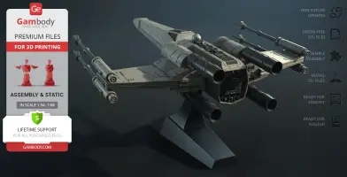 Detailed 3D model of a Star Wars T-65B X-Wing starfighter on display stand, ready for 3D printing.