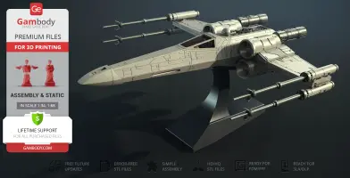 3D model of a T-65B X-Wing from Star Wars on display stand, ready for 3D printing at Gambody.