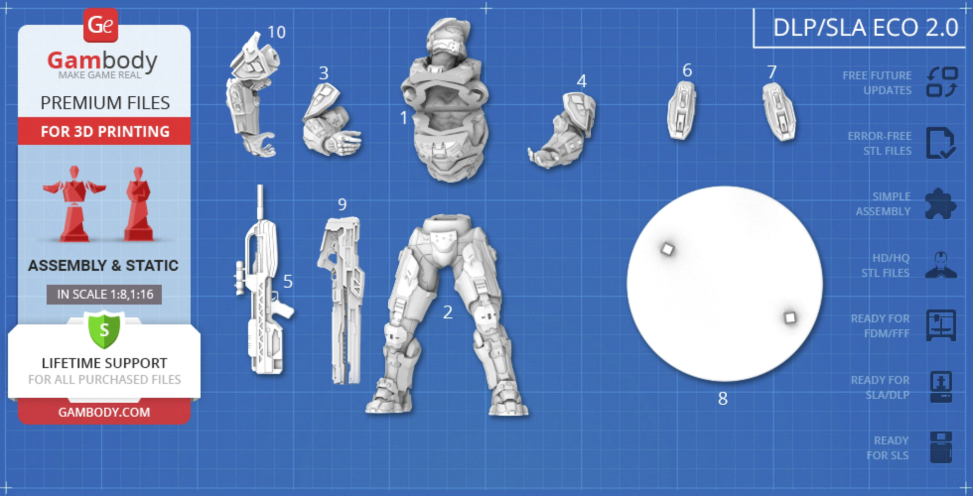 3D model components of a sci-fi soldier for assembly and printing, displayed on a blueprint-style background.