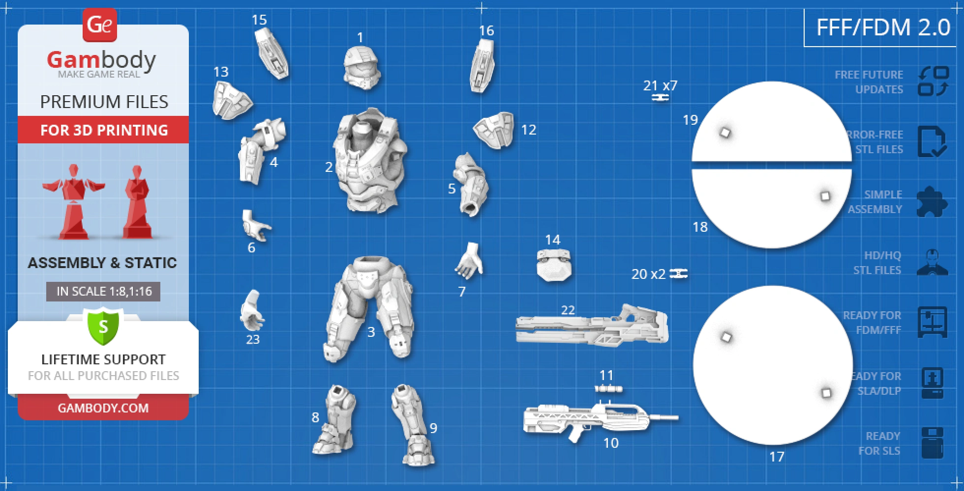 Master Chief 3D model parts diagram for printing, includes armor and weapon components, ready for assembly.
