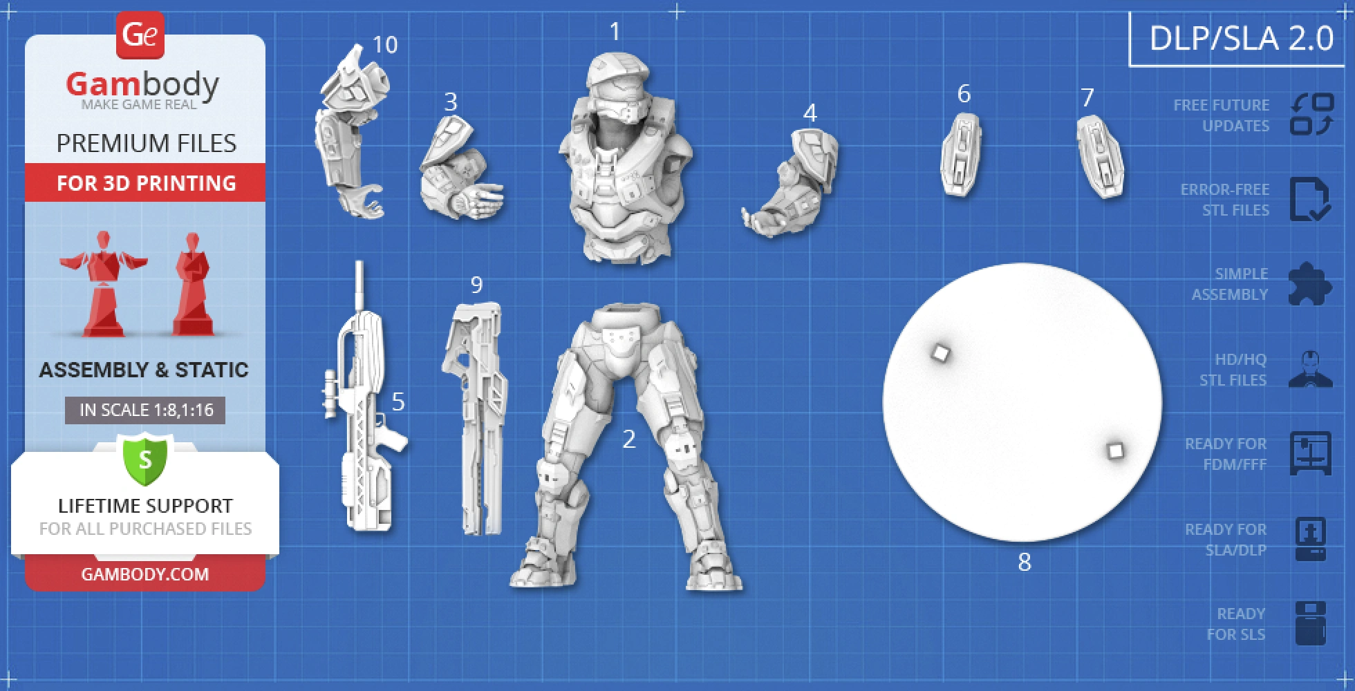 3D printable Master Chief model parts on a blueprint layout.