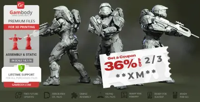 Three 3D models of armored figures with guns, suitable for 3D printing, with a 36% discount coupon.