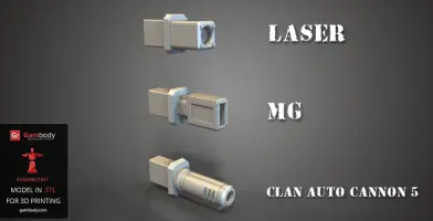 Three 3D gun models labeled Laser, MG, and Clan Auto Cannon 5 for 3D printing by Gambody.