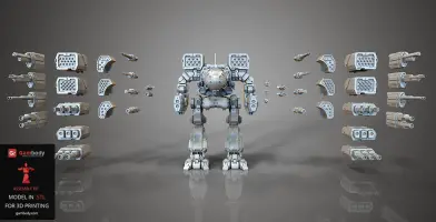 3D model parts of a Timber Wolf mech with various guns and attachments for 3D printing.