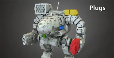 A detailed 3D model of a mech robot with various weapon attachments and colored components.