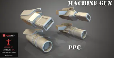 Two 3D models of futuristic gun components labeled 'Machine Gun' and 'PPC' for 3D printing.