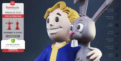 A smiling cartoon character with yellow hair and a blue outfit holds a gray cartoon rabbit.