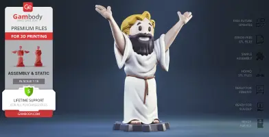 A bearded figure with raised arms, wearing a white robe, inspired by Vault Boy style for 3D printing.