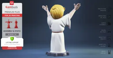 3D model of a figure with arms raised, wearing a white robe, standing on a gear-like base.