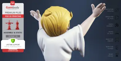 Blonde character with raised arms, viewed from behind. Text promotes 3D printing files and features.