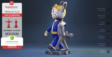 Vault Boy walks arm-in-arm with a gray animal, both smiling, on a rocky base. Premium 3D print files.