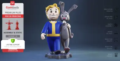 Vault Boy with blue jumpsuit hugs a smiling grey rabbit on a gear-shaped base.