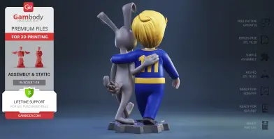 Vault Boy and a rabbit, arms around each other, stand on a circular base, viewed from behind.