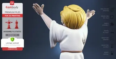 A 3D model file of a character with blond hair and raised arms in a white robe for printing.