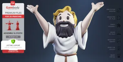 Character with a beard and raised arms, wearing a robe. Promoted as a 3D print file by Gambody.