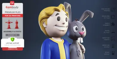 Vault Boy smiling next to a cartoon rabbit in a blue and yellow outfit for 3D printing.