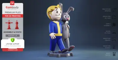3D model of a smiling Vault Boy with a rabbit companion, both walking arm in arm.