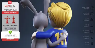 Blonde figure in a blue outfit hugs a tall, grey rabbit from behind, both facing away.