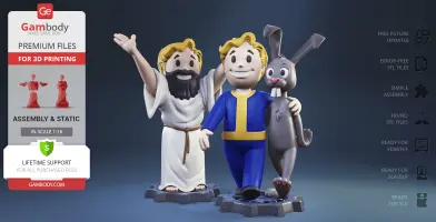 Vault Boy in blue suit with a bearded figure and a cartoon rabbit, standing on a base.