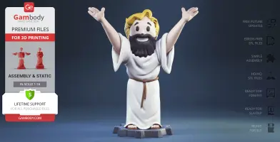 Cartoonish figure with arms raised, bearded, wearing a robe, standing on a gear-shaped platform.