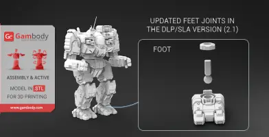 3D model of a mech robot with updated foot joints for STL 3D printing, displayed on Gambody.