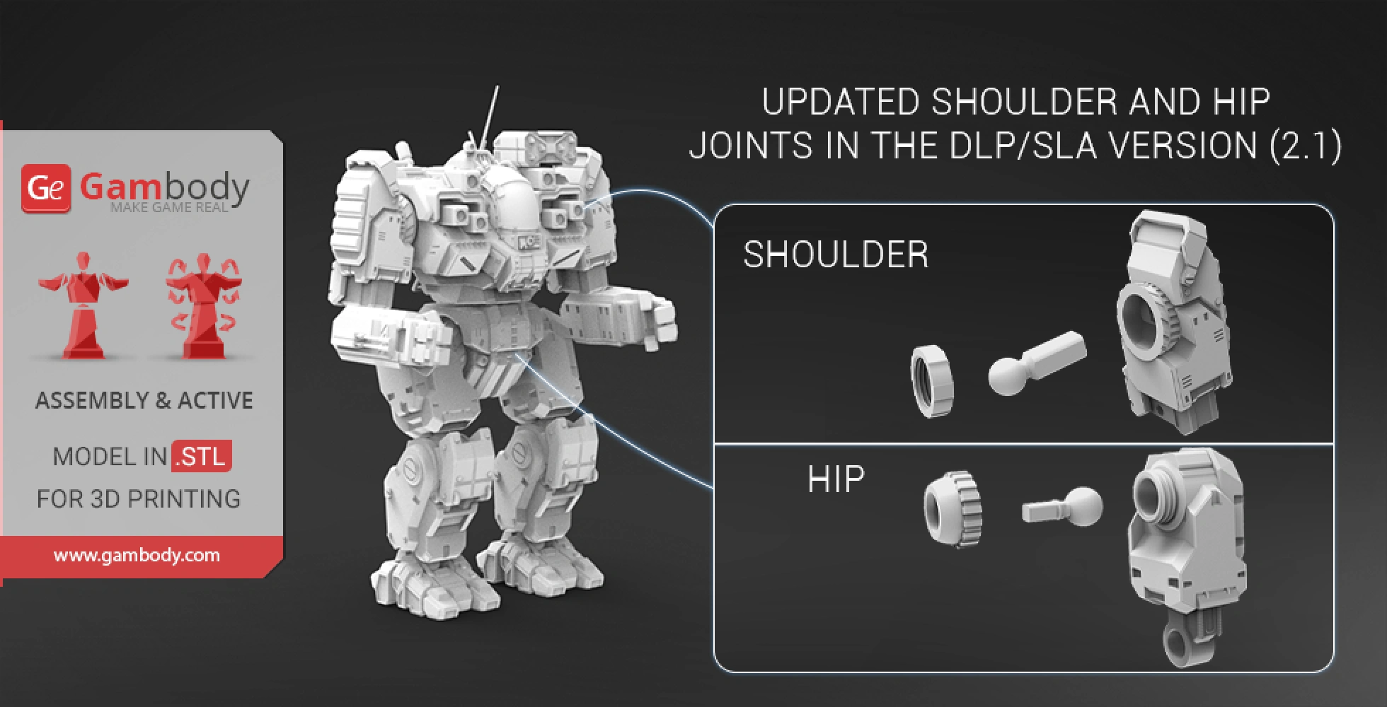3D model of a BattleMech with updated shoulder and hip joints for 3D printing, shown in assembly view.