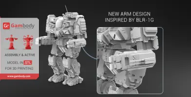 A 3D model of a BattleMech with detailed armor and a new arm design inspired by BLR-1G.