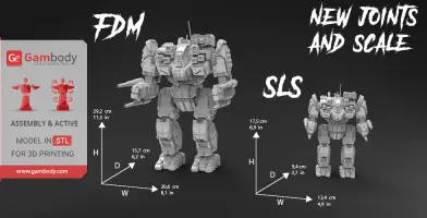 3D models of a BattleMaster mech for FDM and SLS printing with dimensions and new joints and scale features.