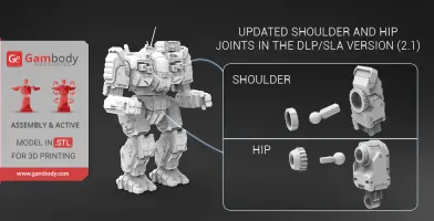 3D model of a BattleMech with updated shoulder and hip joints for 3D printing, shown in assembly view.