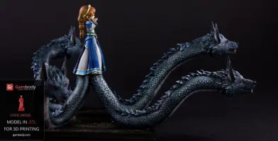 A woman in blue with three dragon-like heads on long necks surrounding her, detailed 3D model for printing.