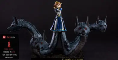 A girl in a blue dress stands among four multi-headed dragon-like creatures.