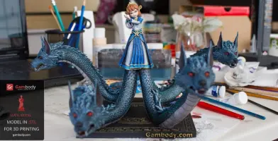 A 3D-printed model of Scylla from Smite, featuring a girl with multiple dragon heads surrounding her.
