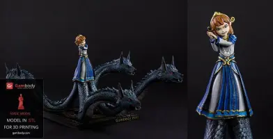 A girl in a blue dress stands with multiple dragon heads, based on the Scylla character from Smite.