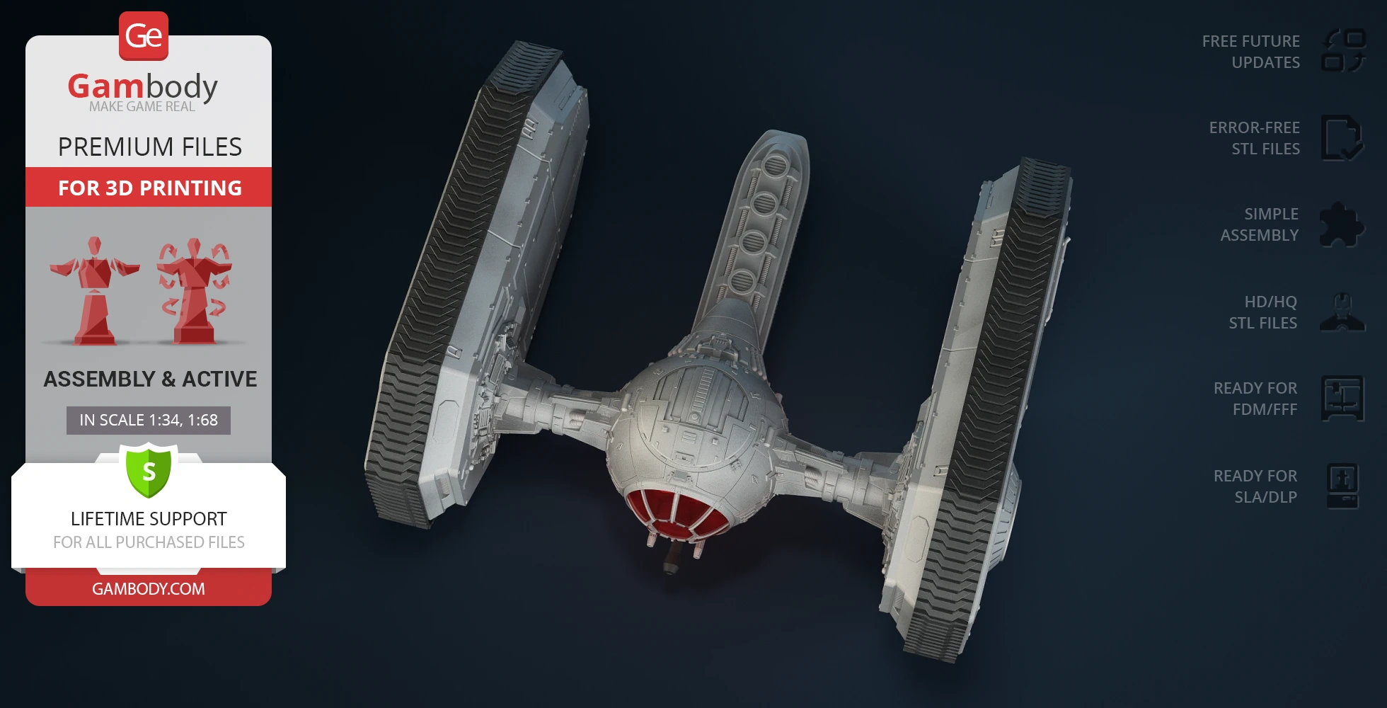 A 3D model of a Star Wars TIE Crawler for printing, shown with its central pod and dual treaded sides.