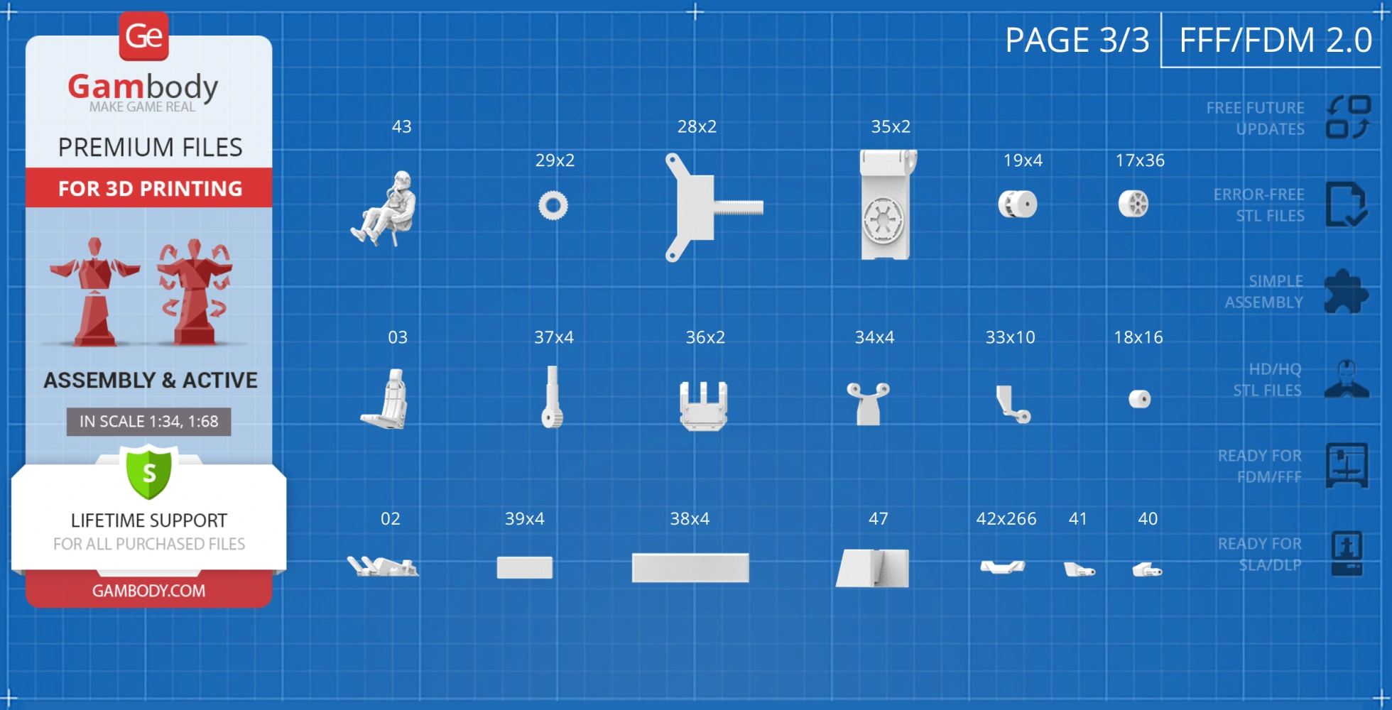 Grid displaying 3D printable TIE Crawler parts, with labels and quantities for assembly.