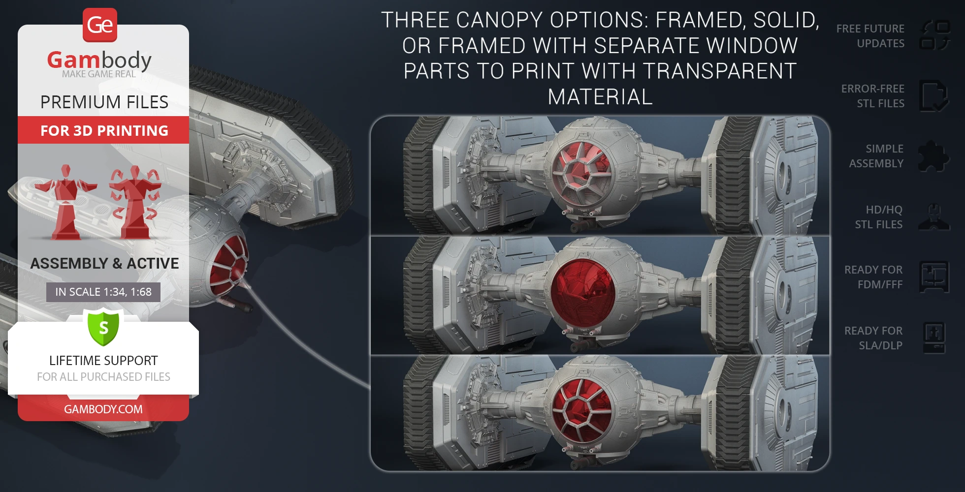 Star Wars TIE Crawler 3D model with three canopy design options for 3D printing.