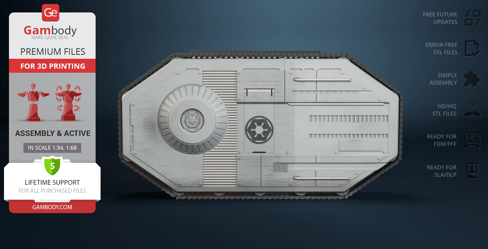 Star Wars TIE Crawler 3D model for 3D printing, displayed side view. Includes assembly details.