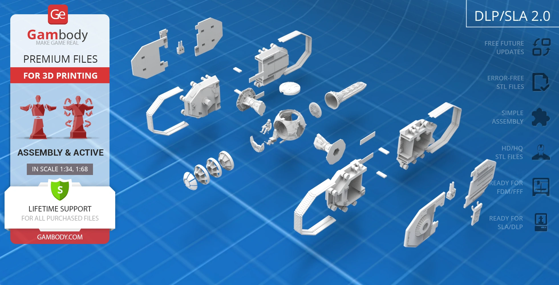 Exploded view of TIE Crawler 3D model parts for assembly, displayed on a blue grid background.