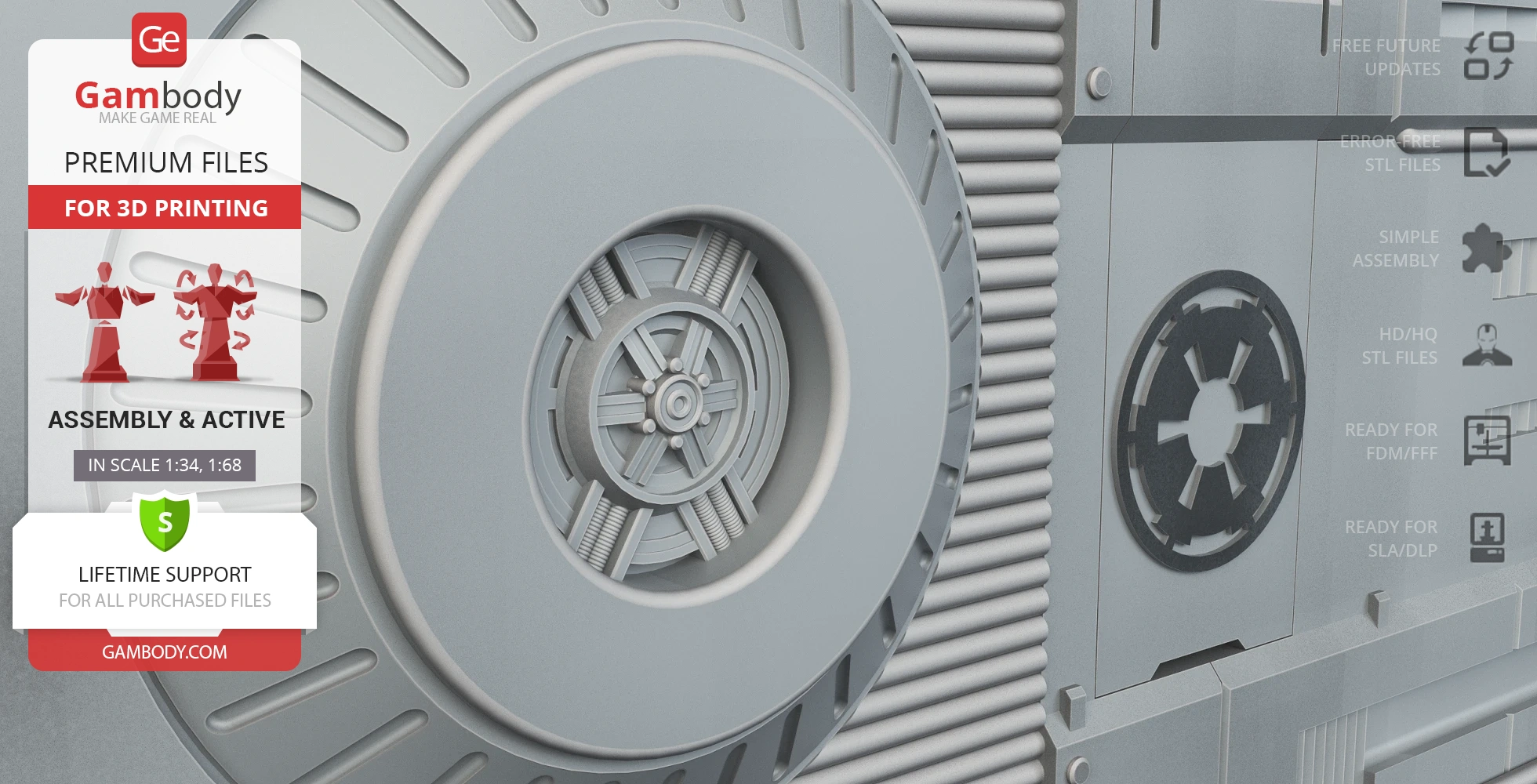 Close-up of a detailed TIE Crawler wheel from Star Wars, designed for 3D printing by Gambody.