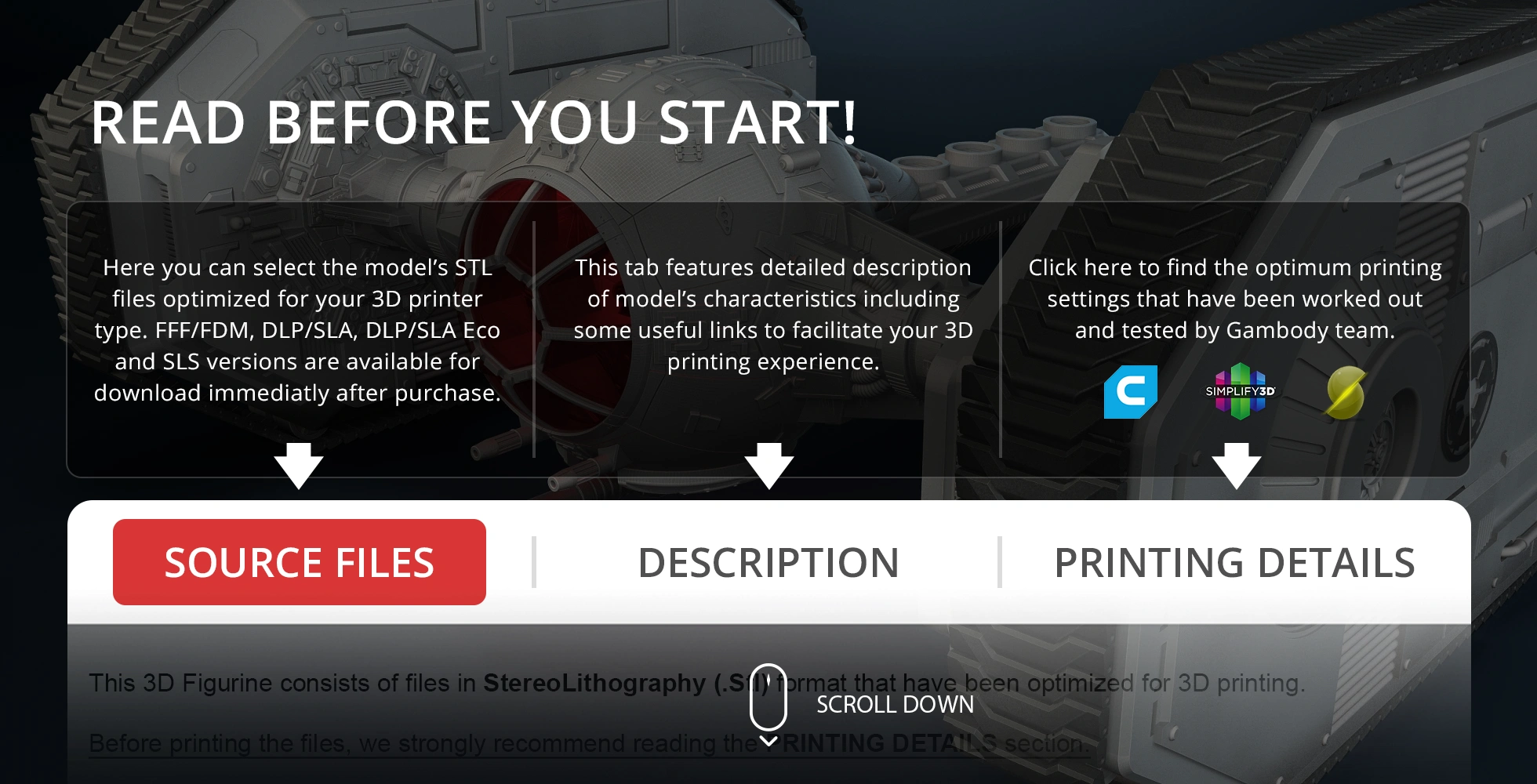 Star Wars TIE Crawler 3D model file options and printing setup info from Gambody.