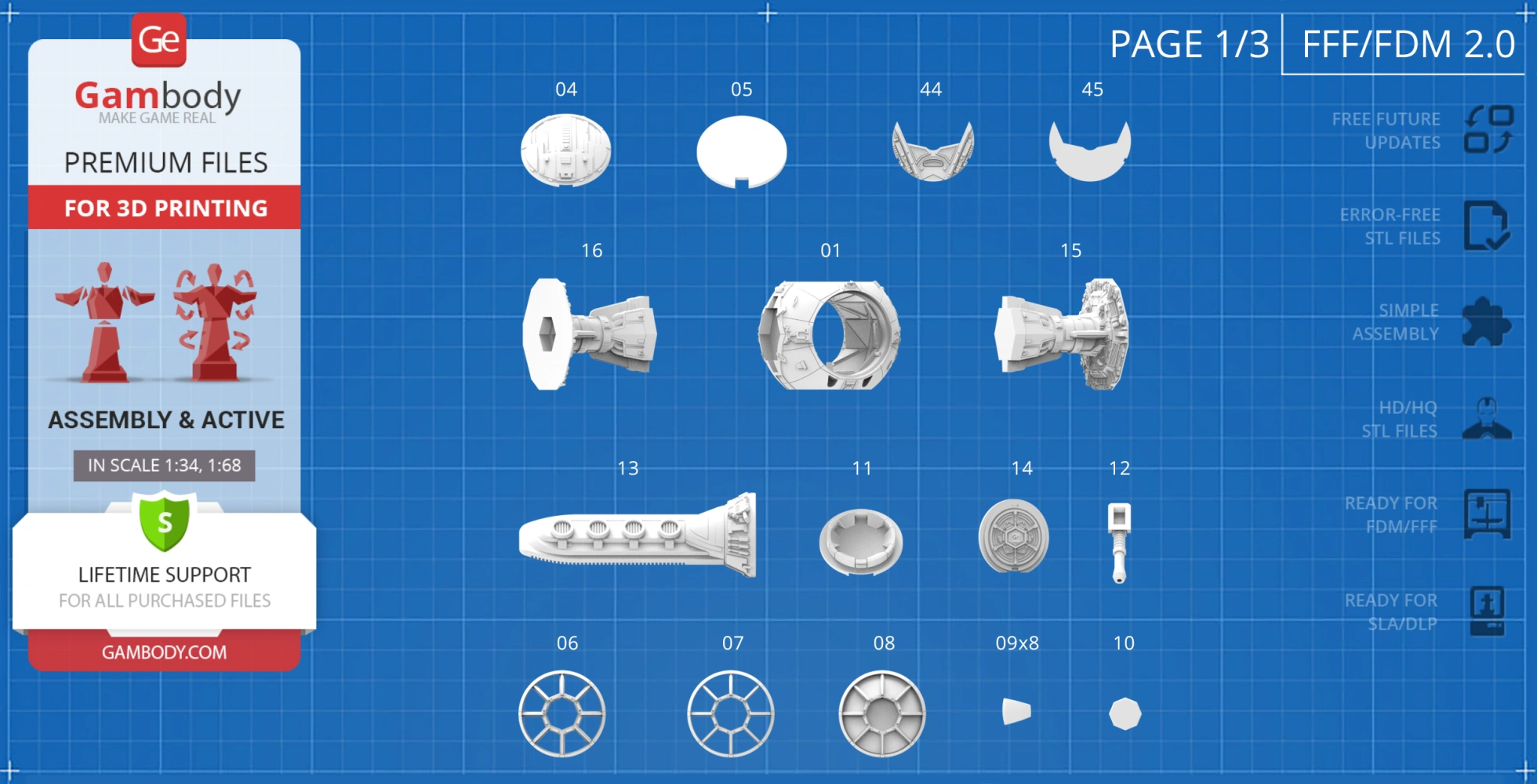 TIE Crawler 3D model parts on blueprint-style background for 3D printing assembly.