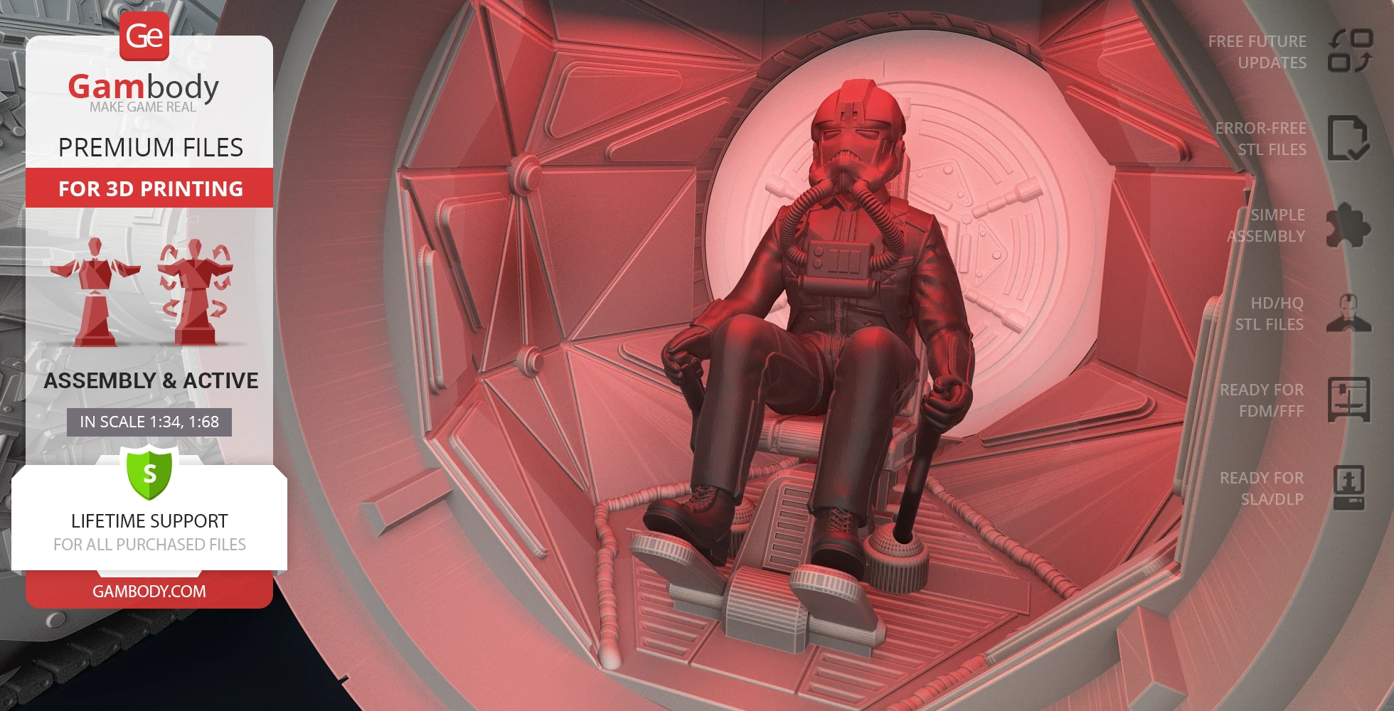 A TIE pilot figure seated inside a cockpit, designed for 3D printing from Star Wars.