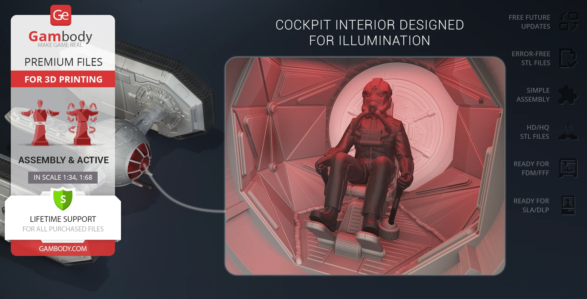 A 3D printed TIE Crawler from Star Wars with a detailed illuminated cockpit interior and pilot.